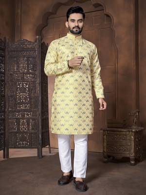 Yellow embroidered mandarin collar different thrade sequence work kurta pajama set 2