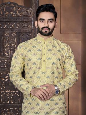 Yellow embroidered mandarin collar different thrade sequence work kurta pajama set 3