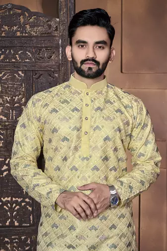 Yellow embroidered mandarin collar different thrade sequence work kurta pajama set