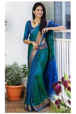 Blue and green dual-tone art-silk saree 1