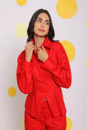 Red shirt with back tie up and pant 2 piece set summer waist fitted 100% cotton co-ord set
