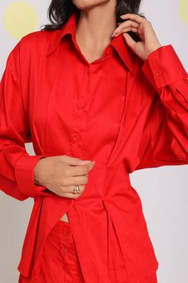 Red shirt with back tie up and pant 2 piece set summer waist fitted 100% cotton co-ord set 4