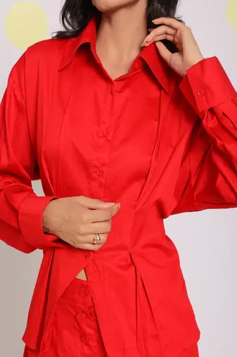 Red shirt with back tie up and pant 2 piece set summer waist fitted 100% cotton co-ord set