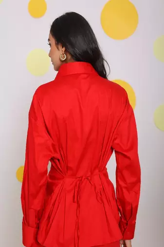 Red shirt with back tie up and pant 2 piece set summer waist fitted 100% cotton co-ord set