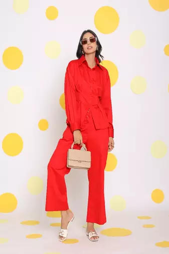Red shirt with back tie up and pant 2 piece set summer waist fitted 100% cotton co-ord set
