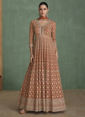Light brown georgette embroidered anarkali suit 1