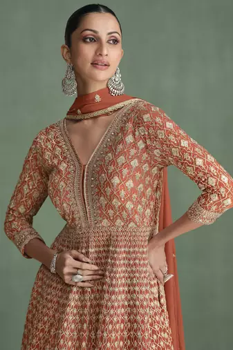 Light brown georgette embroidered anarkali suit