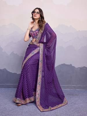 Enchanting Purple Colored Digital Printed with embroidery work Georgette Indian designer saree for weddings 6
