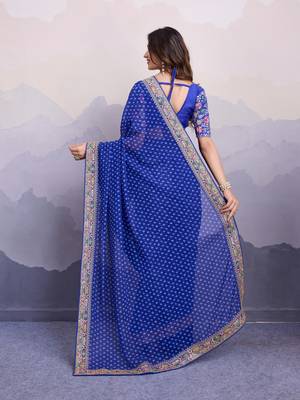 Glamourous blue colored digital printed with embroidered georgette traditional wedding occasions designer saree 6