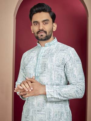 Teal heavy lukhnowi work with unique digital print kurta pajama set 3