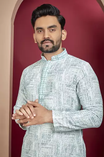 Teal heavy lukhnowi work with unique digital print kurta pajama set