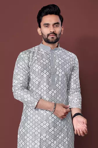 Grey multi sequence with  white embroidered work kurta pajama set