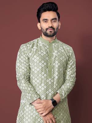 Pista multi sequence with  white embroidered work kurta pajama set 3