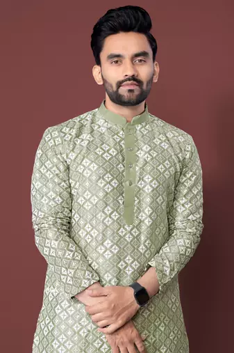Pista multi sequence with  white embroidered work kurta pajama set