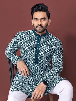 Teal multi sequence with  white embroidered work kurta pajama set 3