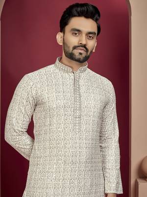 Cream heavy lukhnowi work with unique digital print kurta pajama set 3