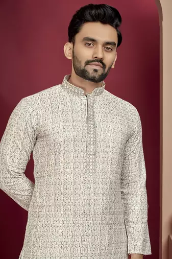 Cream heavy lukhnowi work with unique digital print kurta pajama set