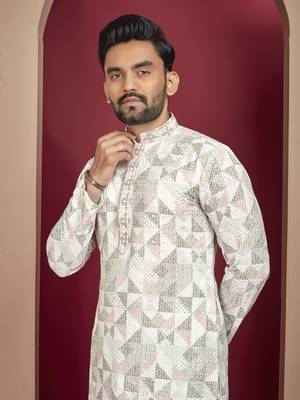Grey cream heavy lukhnowi work with unique digital print kurta pajama set 4