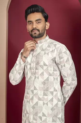 Grey cream heavy lukhnowi work with unique digital print kurta pajama set