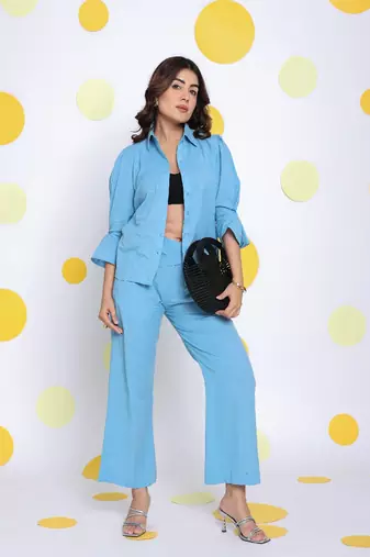 Sky blue shirt and pant 2 piece set summer relaxed linen co-ord set