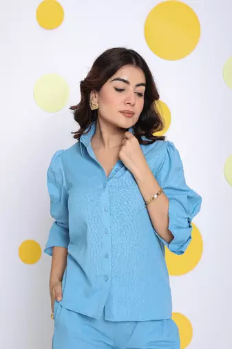 Sky blue shirt and pant 2 piece set summer relaxed linen co-ord set