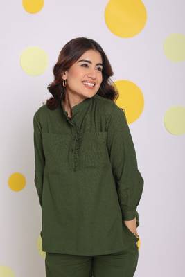 Olive green frill front shirt and pant 2 piece set summer relaxed linen co-ord set 3