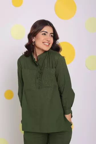 Olive green frill front shirt and pant 2 piece set summer relaxed linen co-ord set
