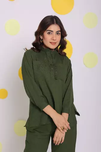 Olive green frill front shirt and pant 2 piece set summer relaxed linen co-ord set