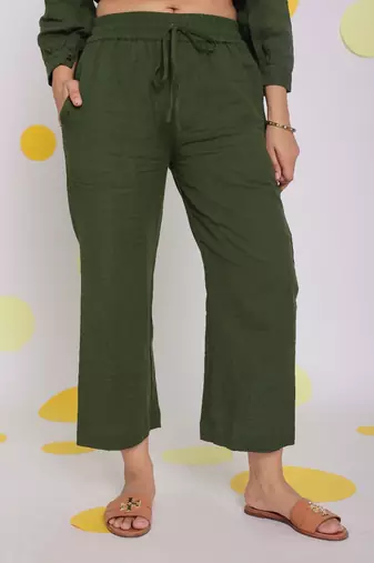 Olive green frill front shirt and pant 2 piece set summer relaxed linen co-ord set