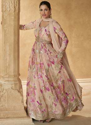 Cream chinon silk embroidered anarkali suit 2