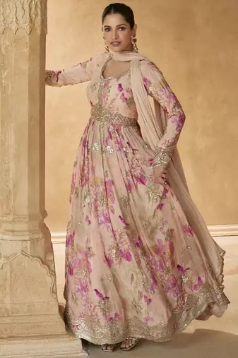 Cream chinon silk embroidered anarkali suit