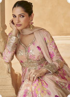 Cream chinon silk embroidered anarkali suit 3