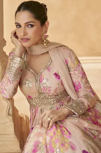 Cream chinon silk embroidered anarkali suit