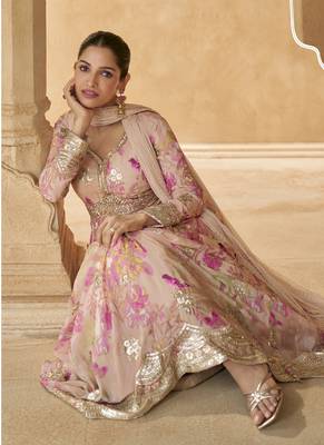 Cream chinon silk embroidered anarkali suit 4