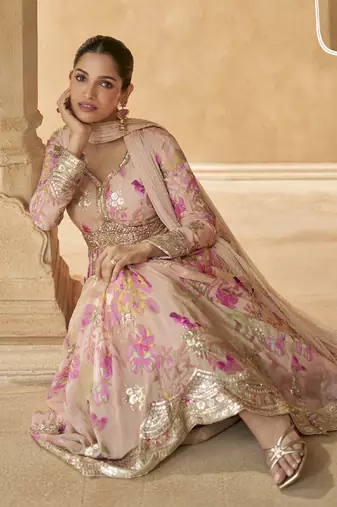 Cream chinon silk embroidered anarkali suit