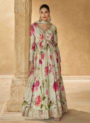Off white chinon silk embroidered anarkali suit 1