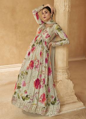 Off white chinon silk embroidered anarkali suit 2