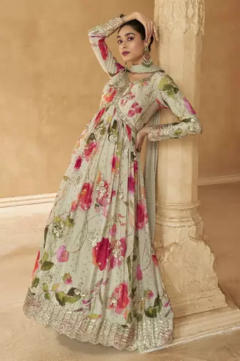 Off white chinon silk embroidered anarkali suit