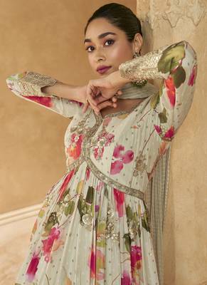 Off white chinon silk embroidered anarkali suit 3