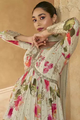 Off white chinon silk embroidered anarkali suit
