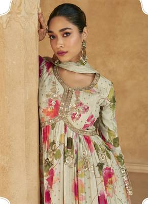 Off white chinon silk embroidered anarkali suit 4