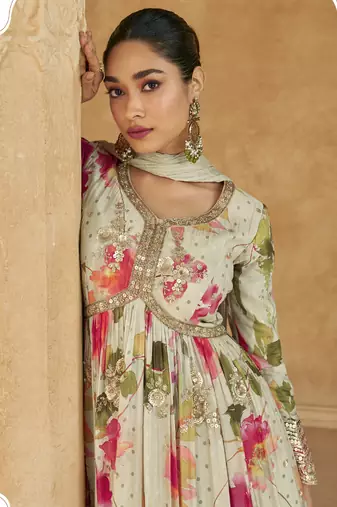 Off white chinon silk embroidered anarkali suit