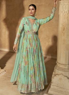 Bottel green chinon silk embroidered anarkali suit 1