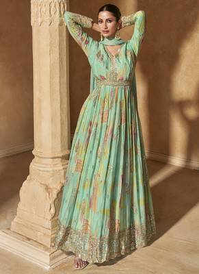 Bottel green chinon silk embroidered anarkali suit 2