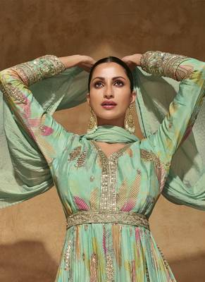 Bottel green chinon silk embroidered anarkali suit 3