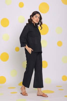 Black collared shirt and pant two piece set summer relaxed linen co-ord set 3