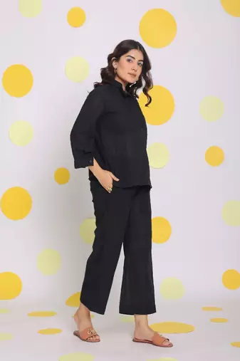 Black collared shirt and pant two piece set summer relaxed linen co-ord set