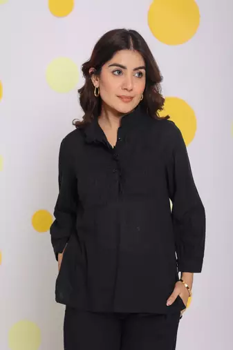 Black collared shirt and pant two piece set summer relaxed linen co-ord set