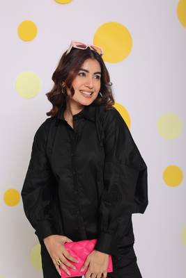 Black buttoned shirt with baby pink back tie up and pant summer everyday wear 100% cotton co-ord set 3