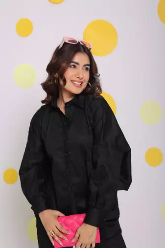 Black buttoned shirt with baby pink back tie up and pant summer everyday wear 100% cotton co-ord set